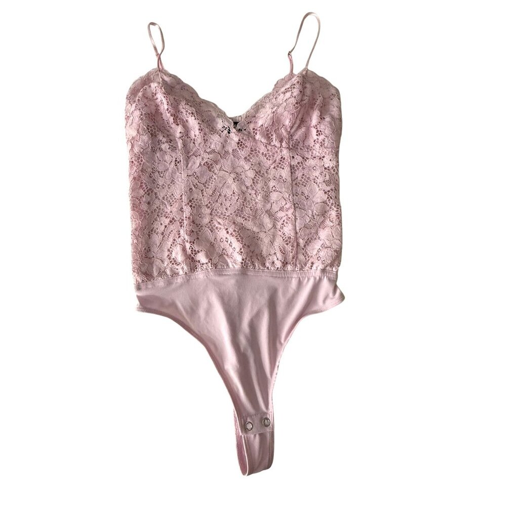 Lace & Stretchy Bodysuit By Express XS Pink With Adjustable Straps & Snap Closur